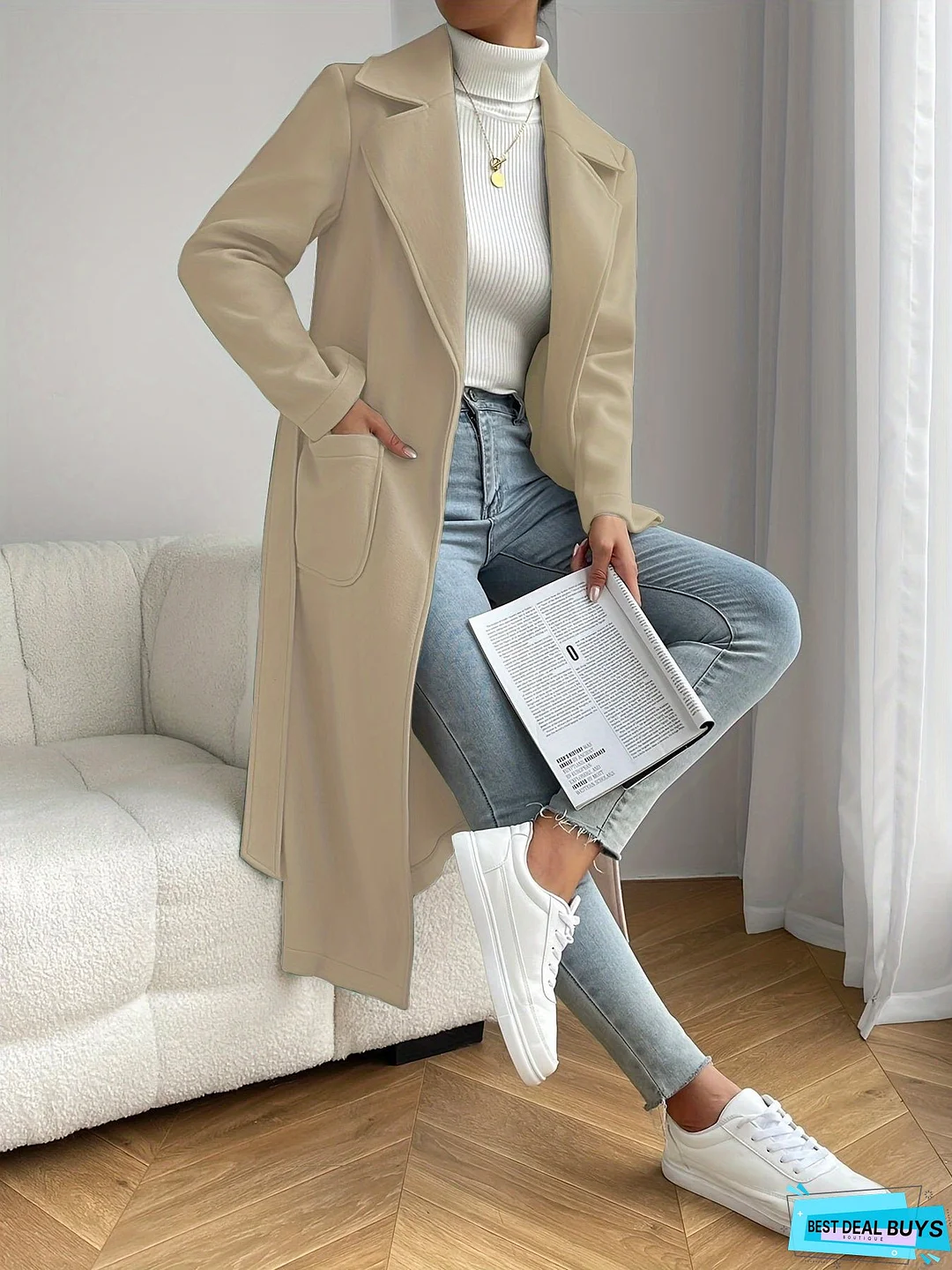 Dual Pocket Trench Coat, Tie Waist Solid Casual Coat For Winter & Fall, Women's Clothing