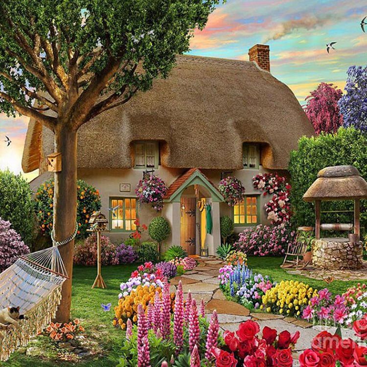 Garden Cottage - Round Drill Diamond Painting - 30x30cm(Canvas)