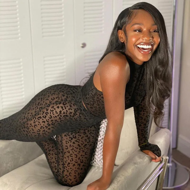 ANJAMANOR Leopard Mesh Black Pant Suits Sexy Club Outfits for Women 2 Piece Set Bodysuit Leggings Wholesale Items D85-CH18