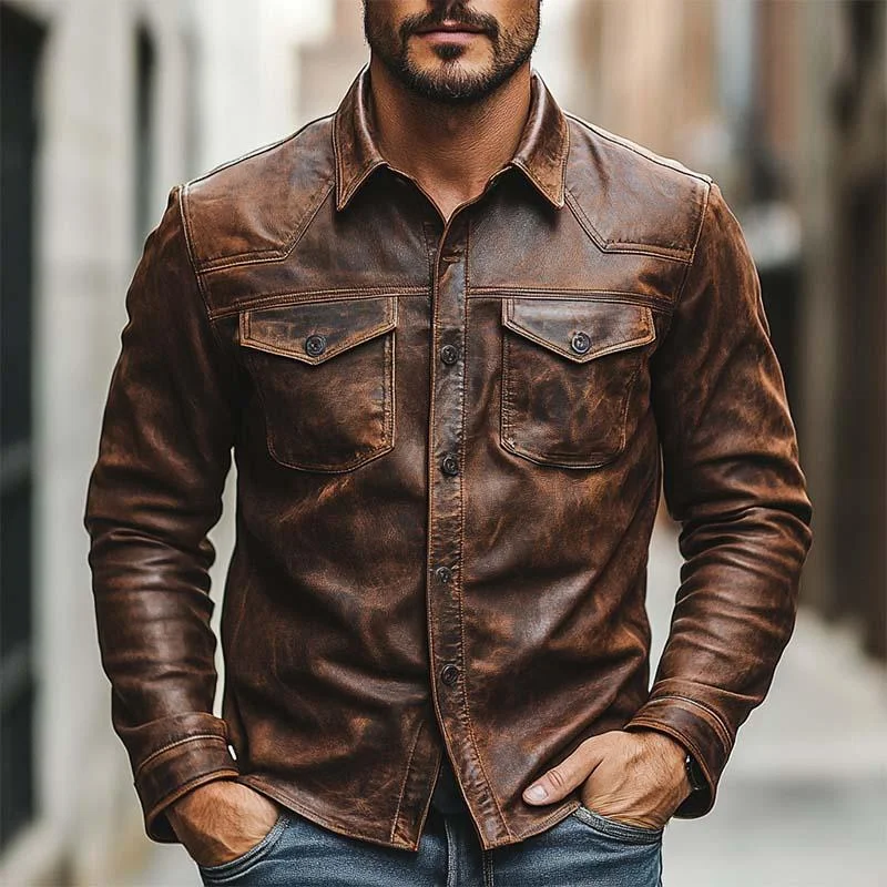Men's Classic Casual Slim Fit Leather Long Sleeve Shirt
