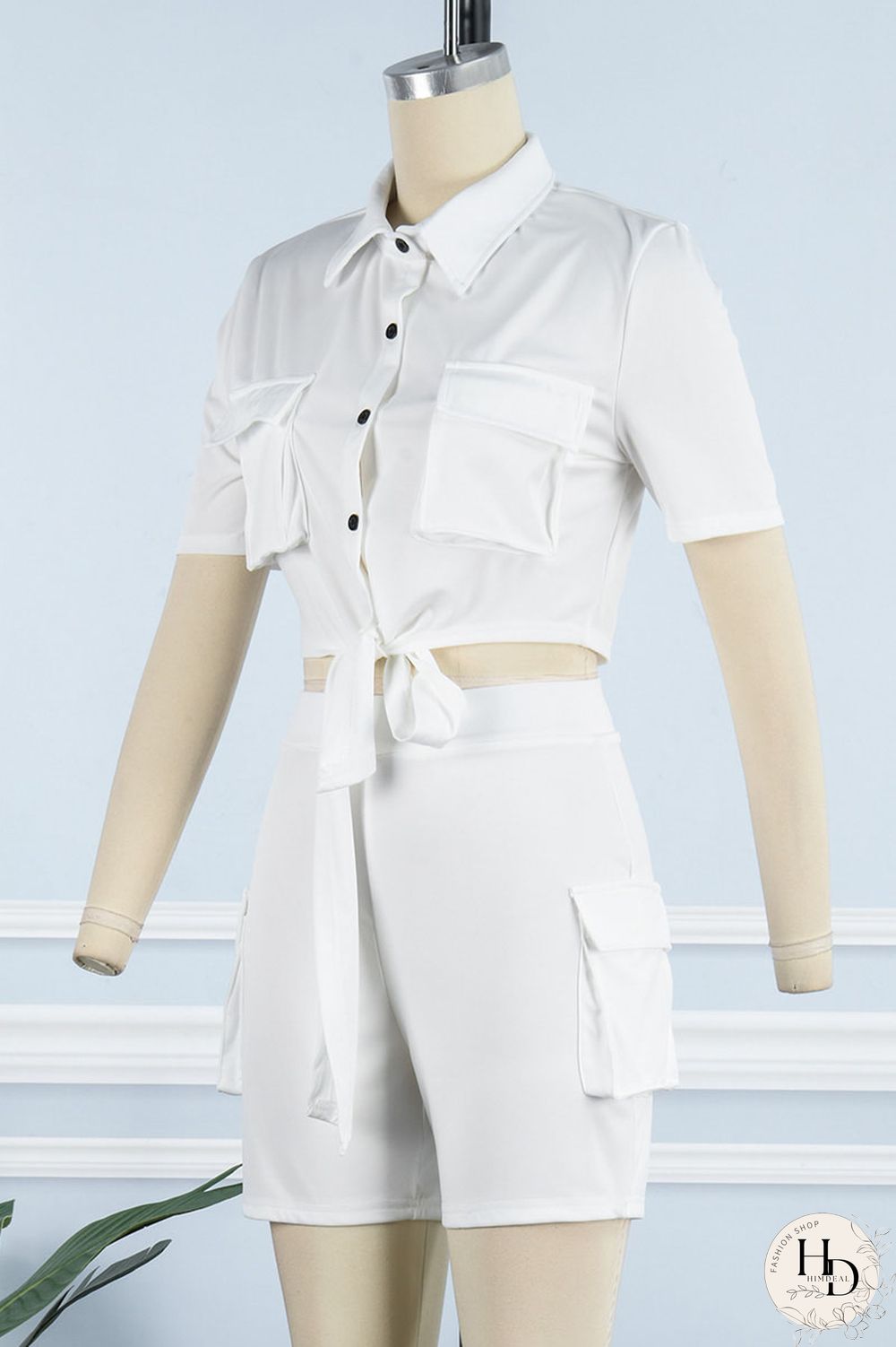 Khaki Casual Solid Bandage Patchwork Pocket Buckle Turndown Collar Short Sleeve Two Pieces