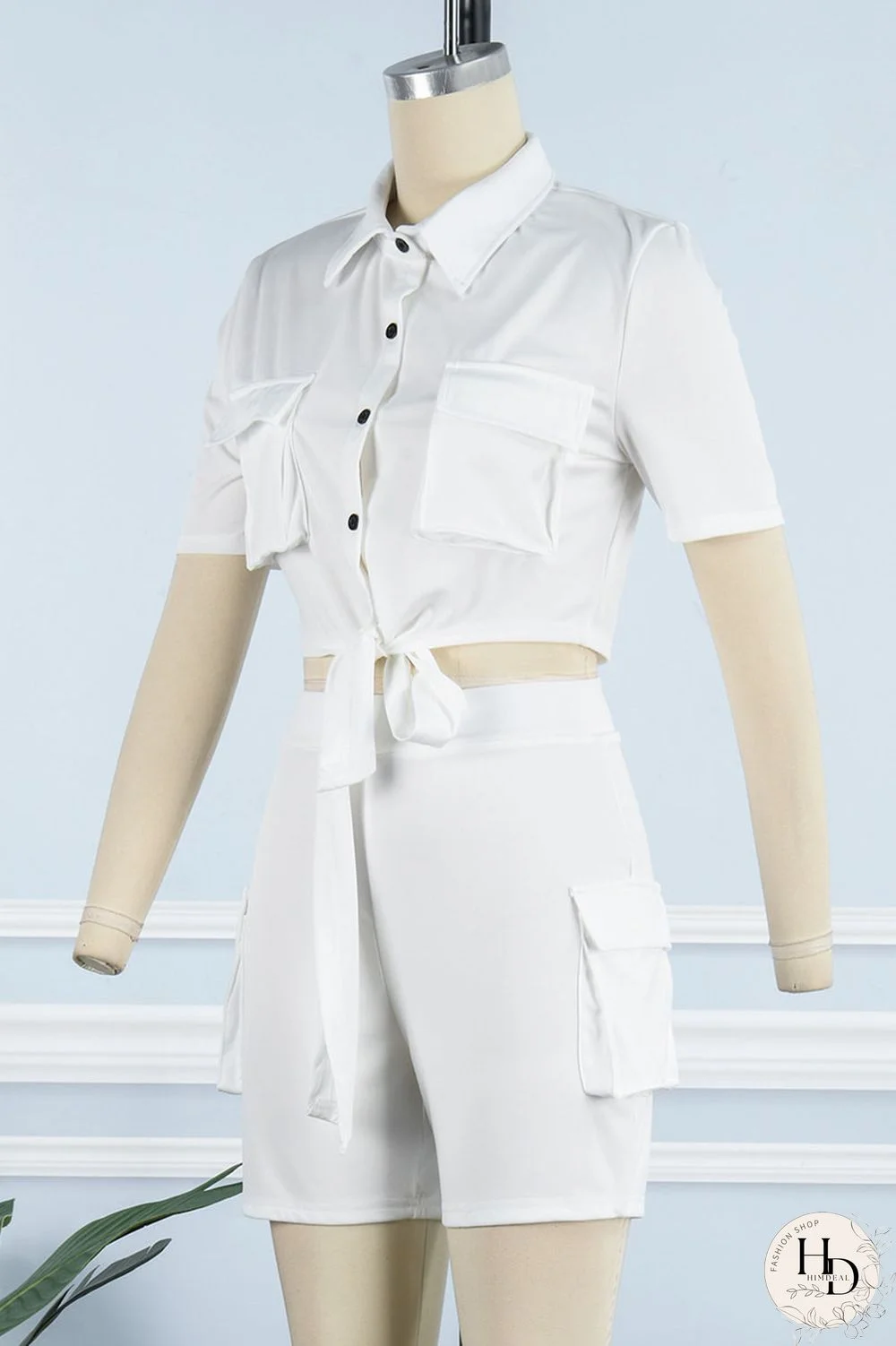 Khaki Casual Solid Bandage Patchwork Pocket Buckle Turndown Collar Short Sleeve Two Pieces