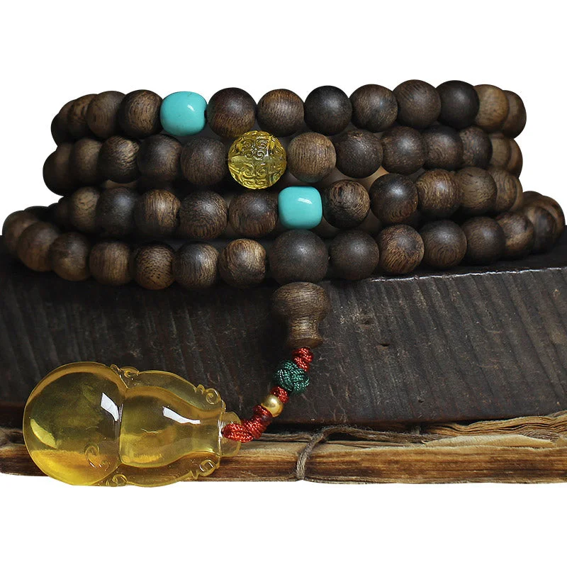 999 Gold 108 Mala Beads Nha Trang Agarwood Amber Turquoise Prayer Meditation Bracelet