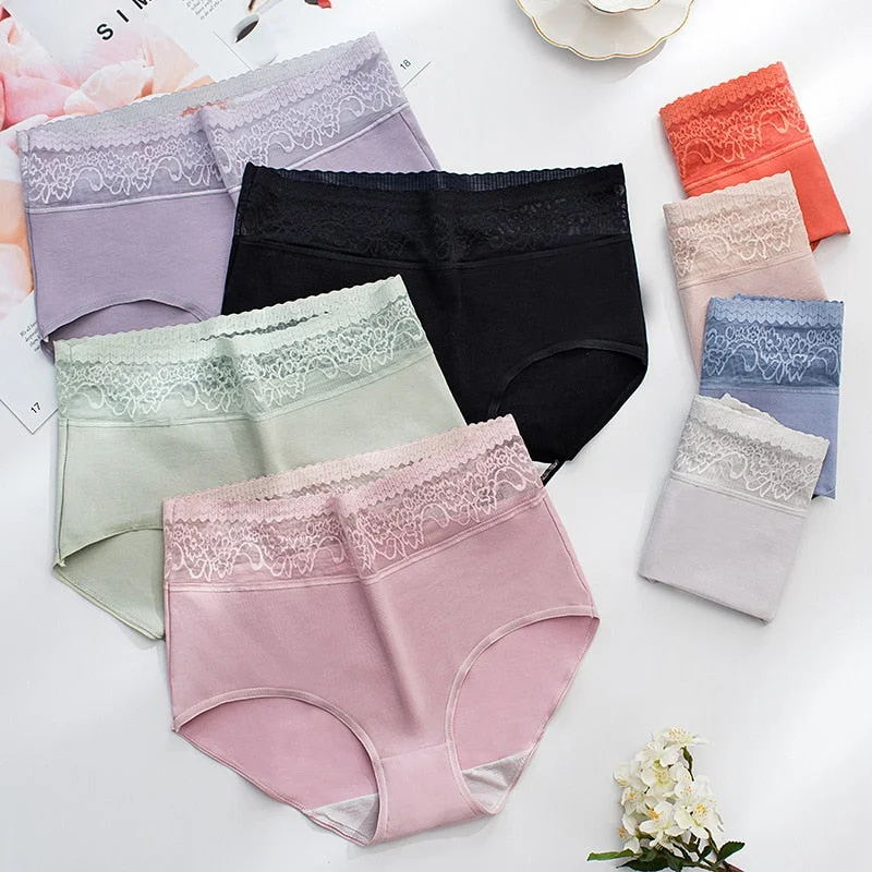 Women's Cotton Underwear Sexy Lace Panties High Waist Solid Color Underpants Seamless Women's Briefs Plus Size Female Lingerie