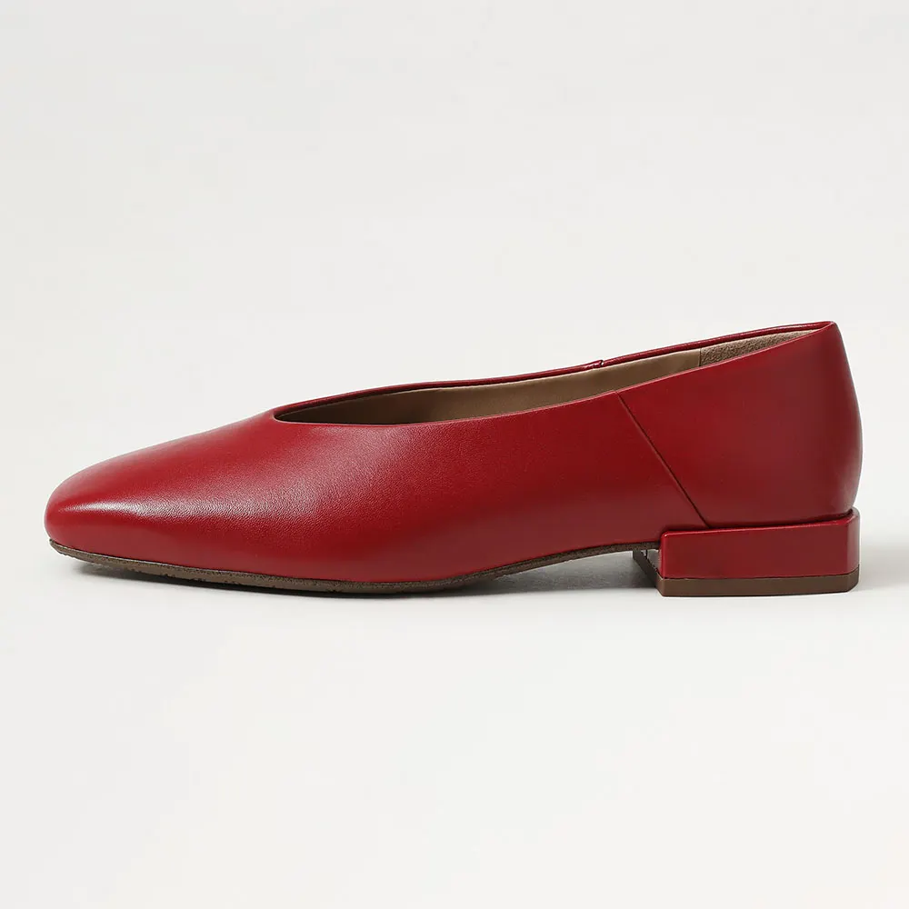 Red Vegan Leather Square Toe Slip-On Flat Shoes for Women
