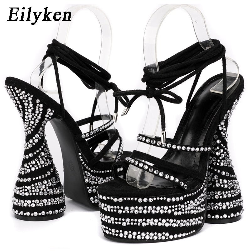 Eilyken 2022 New CRYSTAL Chunky Heels Sandals Fashion Peep Toe Ankle Cross Lace-up Platform Women Stripper shoes