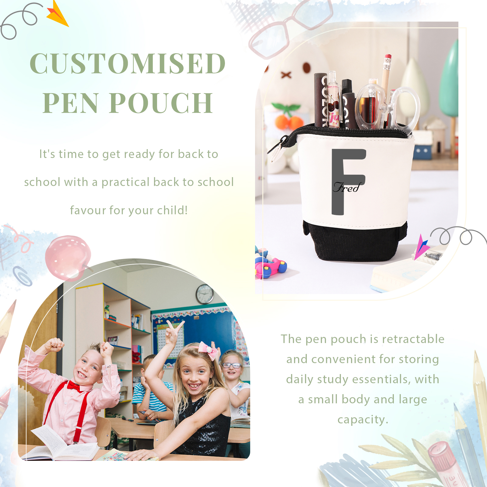 Astuccio per matite personalizzato con 1 nome e 1 lettera regalo per scuola elementare bambini