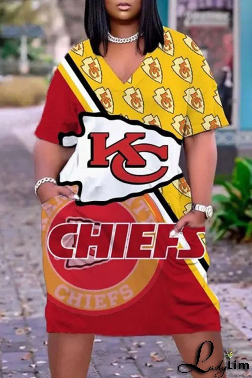 White Casual Print Split Joint Pocket V Neck Straight Dresses