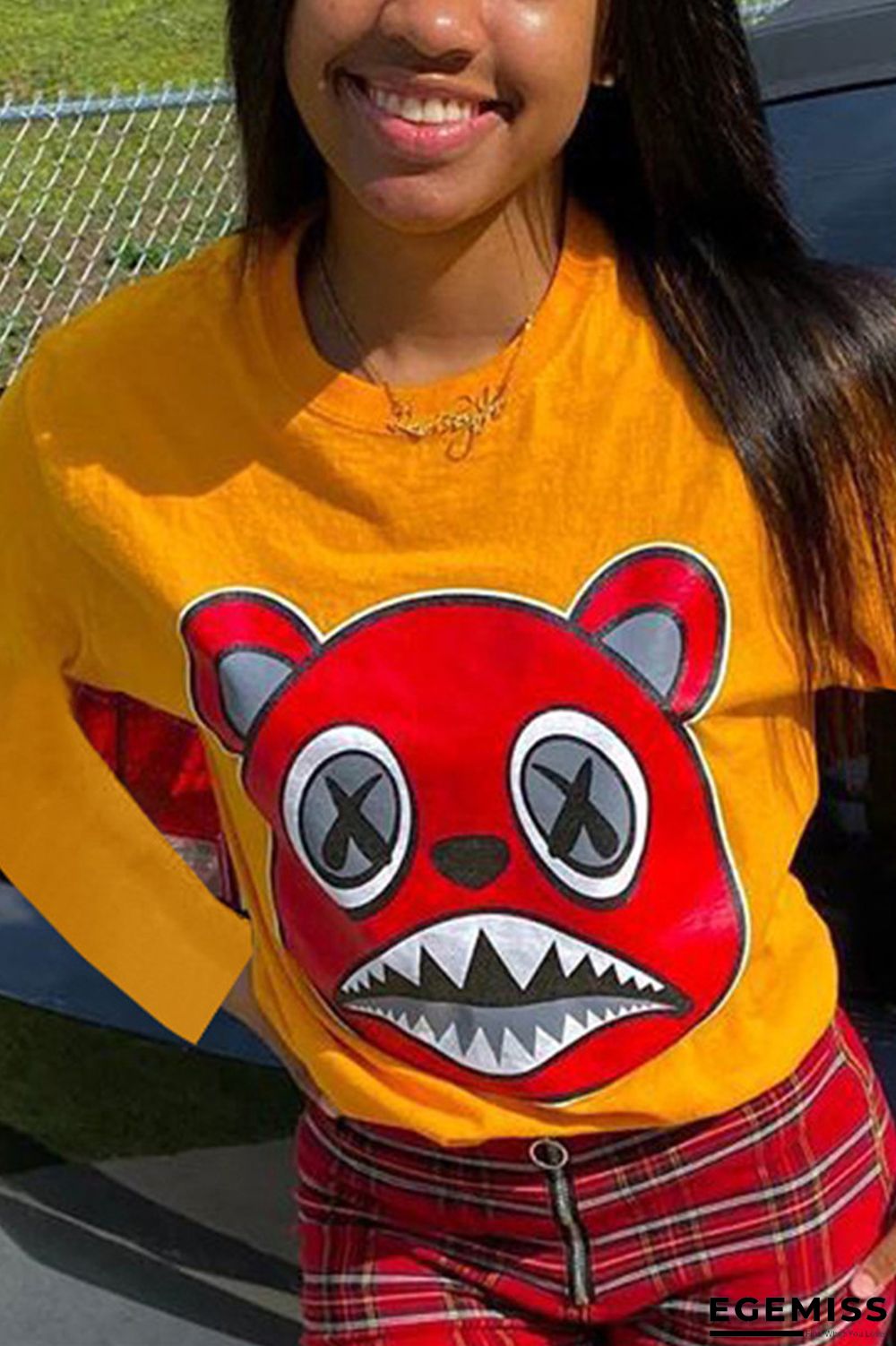 Yellow Casual Print Patchwork O Neck Outerwear | EGEMISS