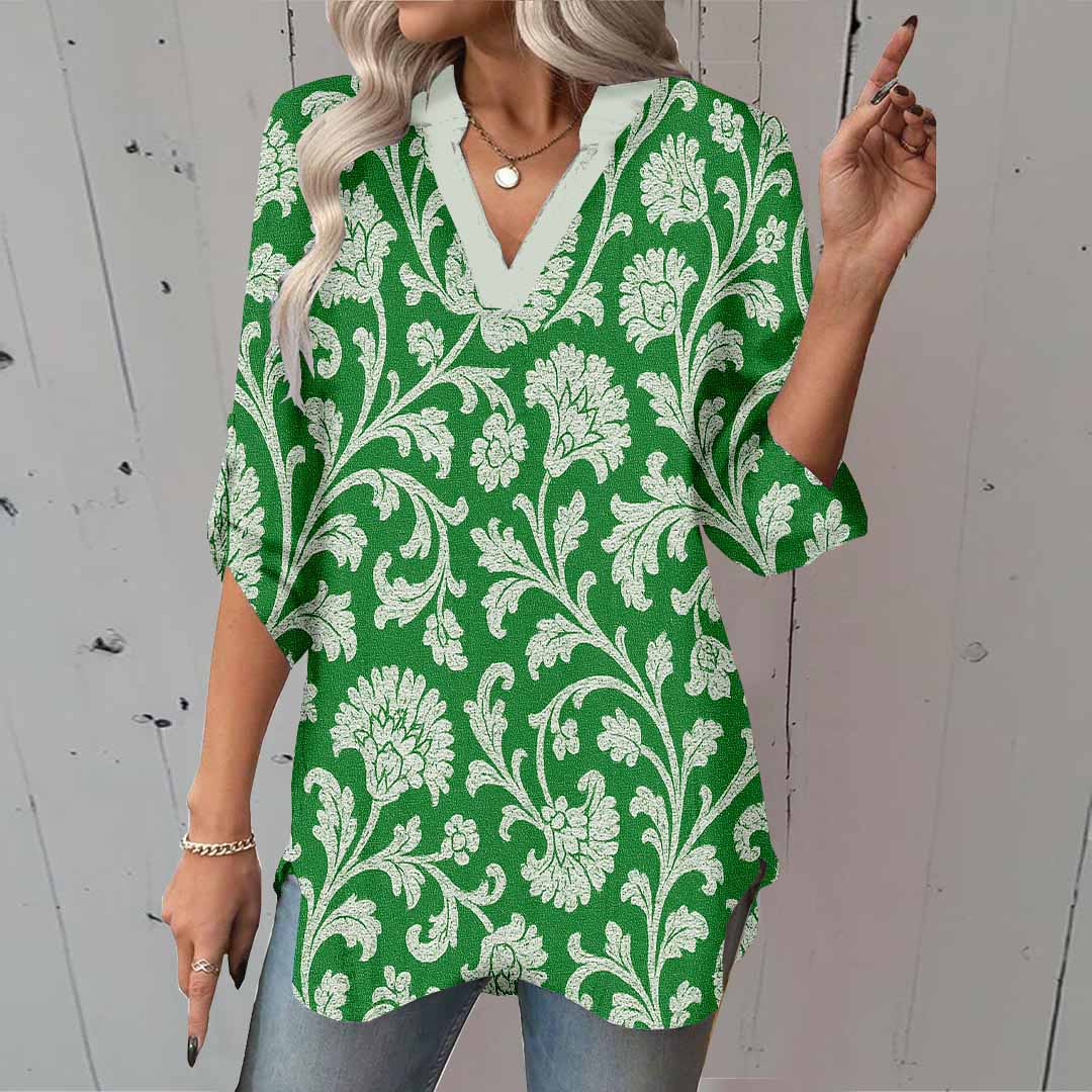 Women Leaves, Green DZGA0170 3/4 Sleeve V-neck Printed Graphic Button Tops