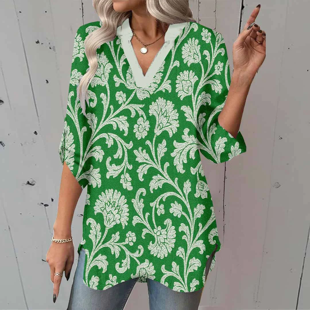 Women Leaves, Green DZGA0170 3/4 Sleeve V-neck Printed Graphic Button Tops
