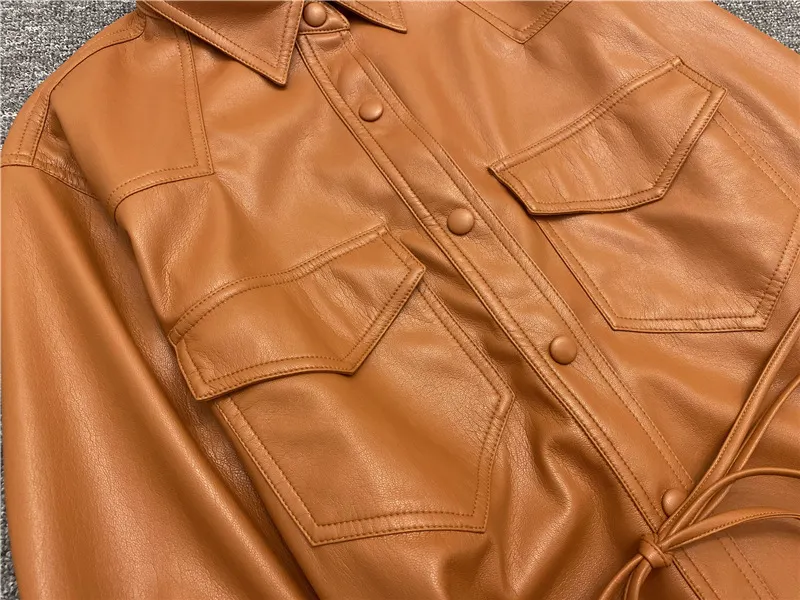 Niche artificial leather shirt women's single breasted drawstring long sleeve leather jacket-vocosishoes