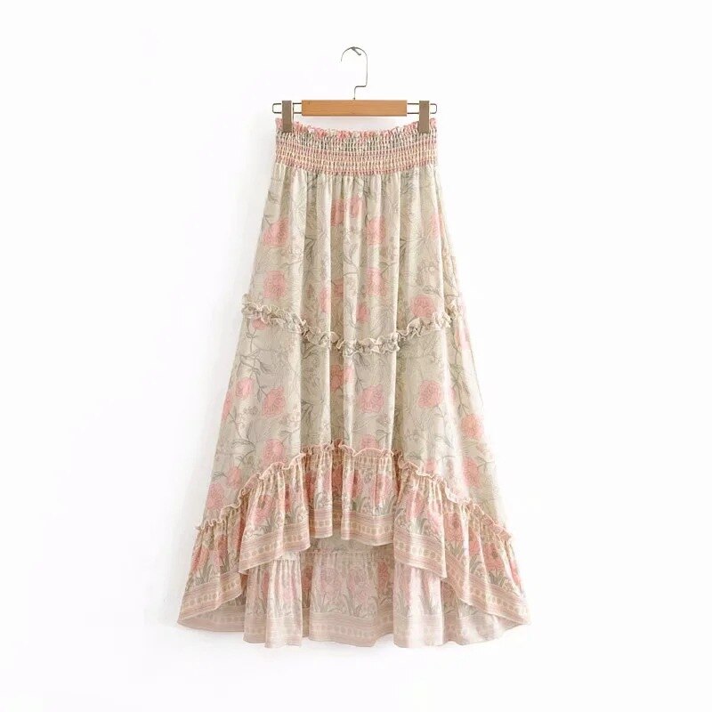 Spring Women's Long Skirts Bohemian High Waist Maxi Skirts Floral Printing Cotton Skirts