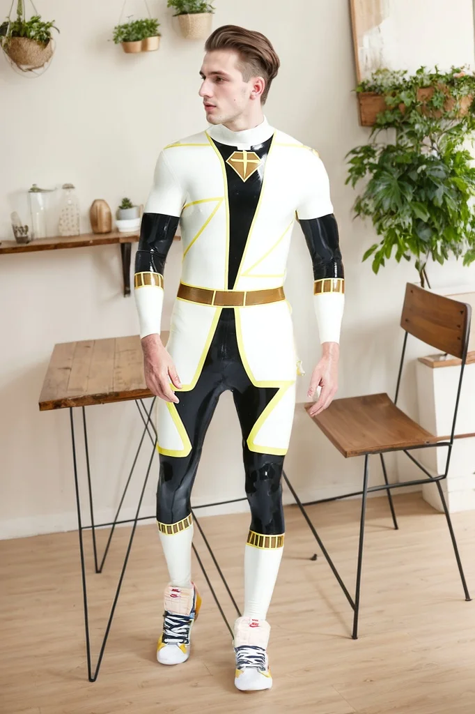 Men Latex Catsuits Male D  Votion Catsuit Gentleman Suit Style Catsuit- White & Black