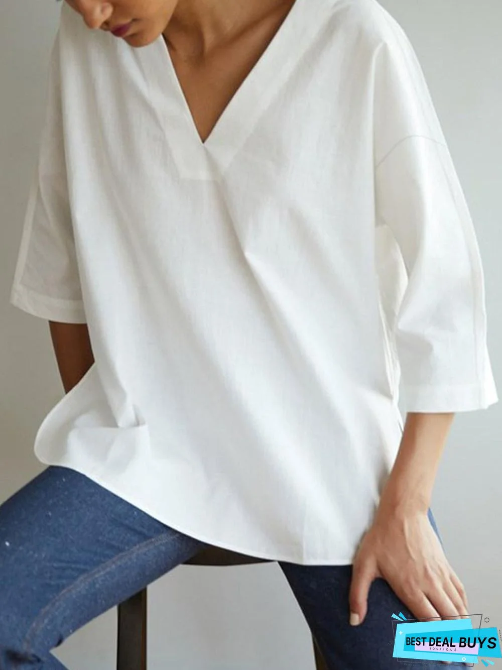 Cotton Linen V-Neck Solid Color Three-quarter Sleeve Shirt