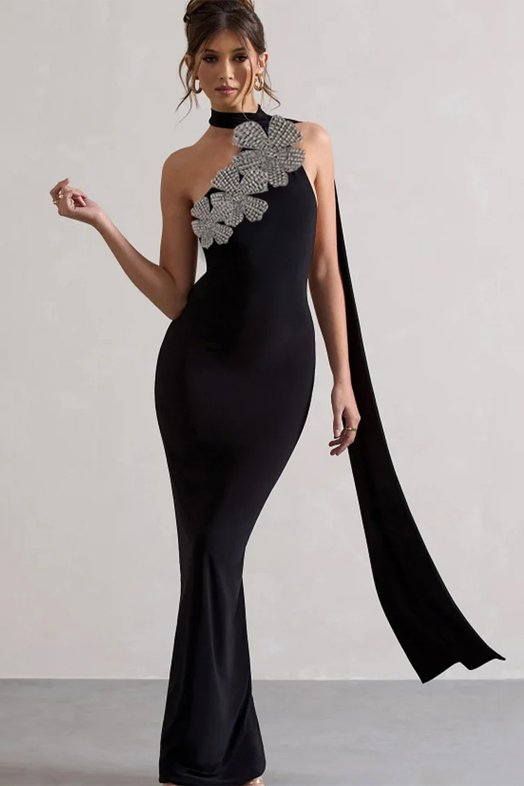 One Shoulder Halter Rhinestone Floral Mermaid Maxi Derss-Black