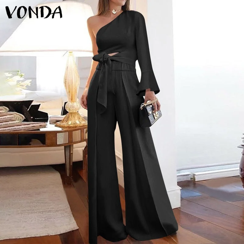 Office Jumpsuits Overalls For Women Casual Jumpsuits 2021 VONDA One Shoulder Playsuits Ladies Rompers Female Pants Trousers