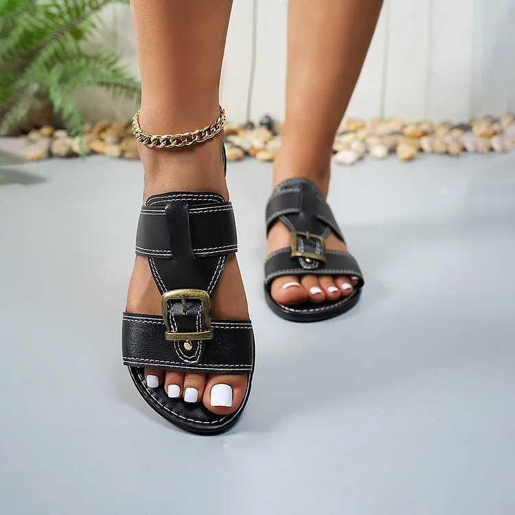 Stitch Detail Patchwork Strap Buckle Round Toe Casual Slippers