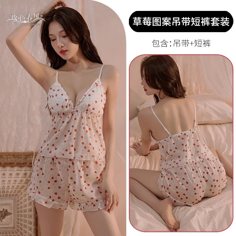 Uveng Ti Concedite Night Vows Sexy Pure Pyjamas Female Summer Slings Small Strawberry Crumbs Home Sweet Two-Piece Set 2278