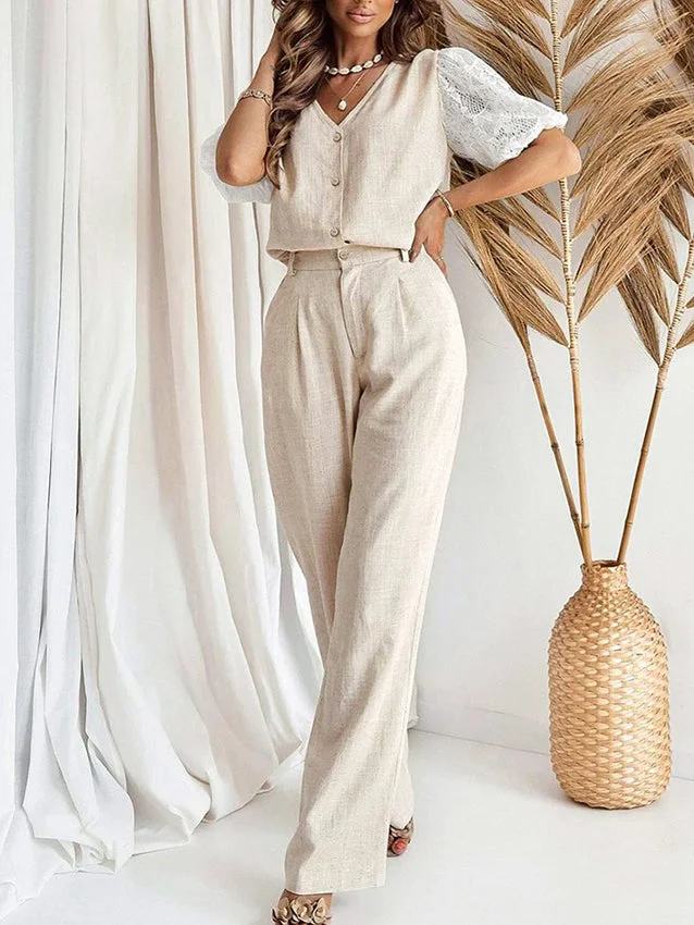 Ladies Lace Stitching Short Sleeve Vest Trousers Two-Piece Set