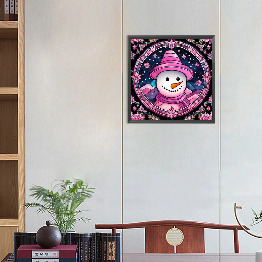 Full Round Diamond Painting 30*30cm - Pink Snowman Glass Painting