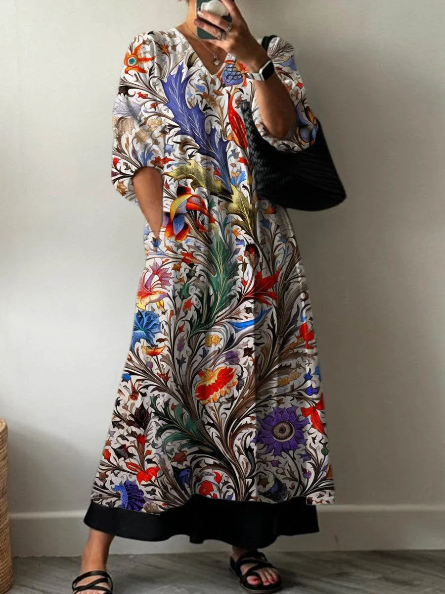 Women's Vintage Lovely Floral Art Print Pocket V-neck Cotton Dress