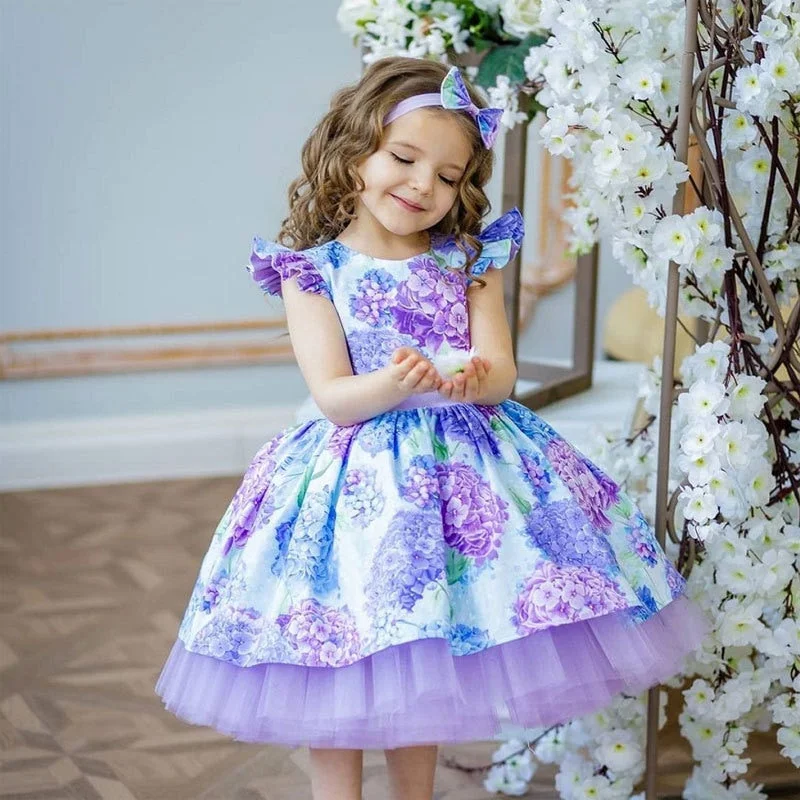 Cross-Border Girls Dress Skirt With Headdress Bowknot Girl Print Holiday Dress Christmas Baby Girl Dress