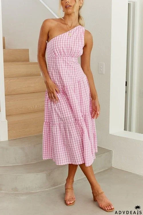 Plaid One Shoulder Layer Midi Dress