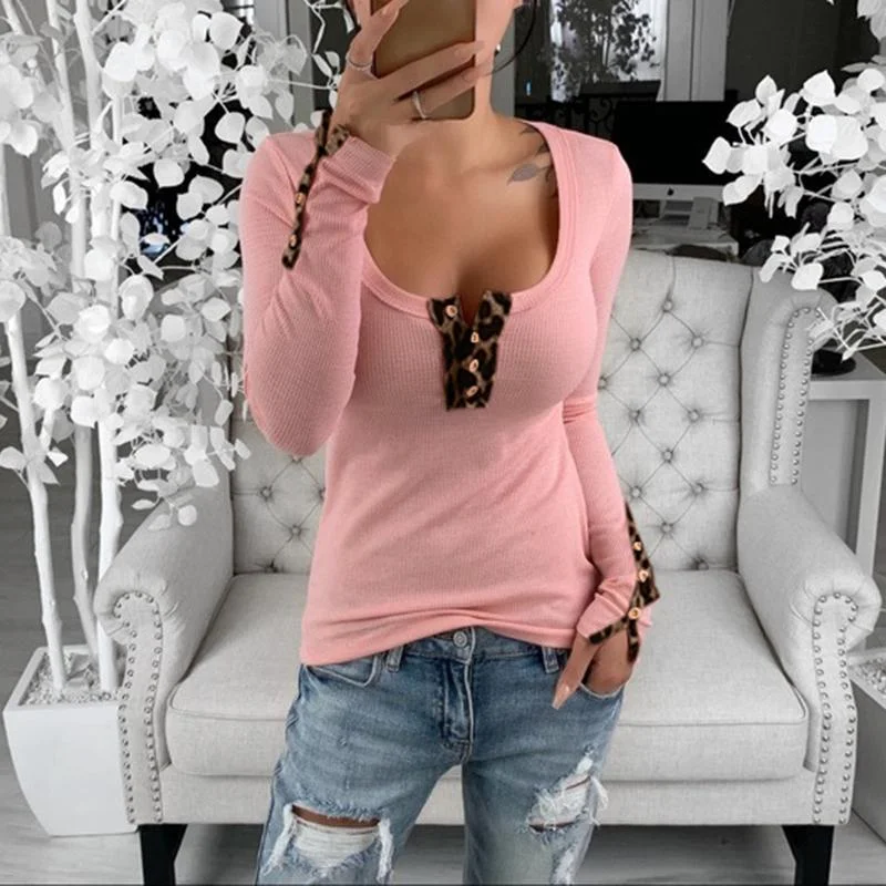 Casual Long Sleeve Single-breasted U Collar Tight T-shirt