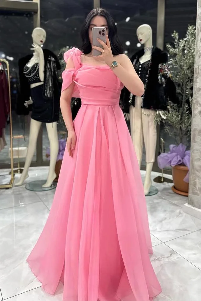  Sleeveless One Shoulder Long A Line Prom Dress With Pleated XJ0571