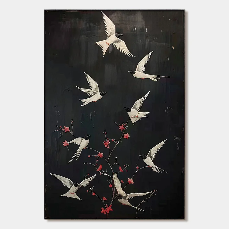 DANCING IN THE DARK: Beaded Birds and Blossoms Artwork（Canvas painting）