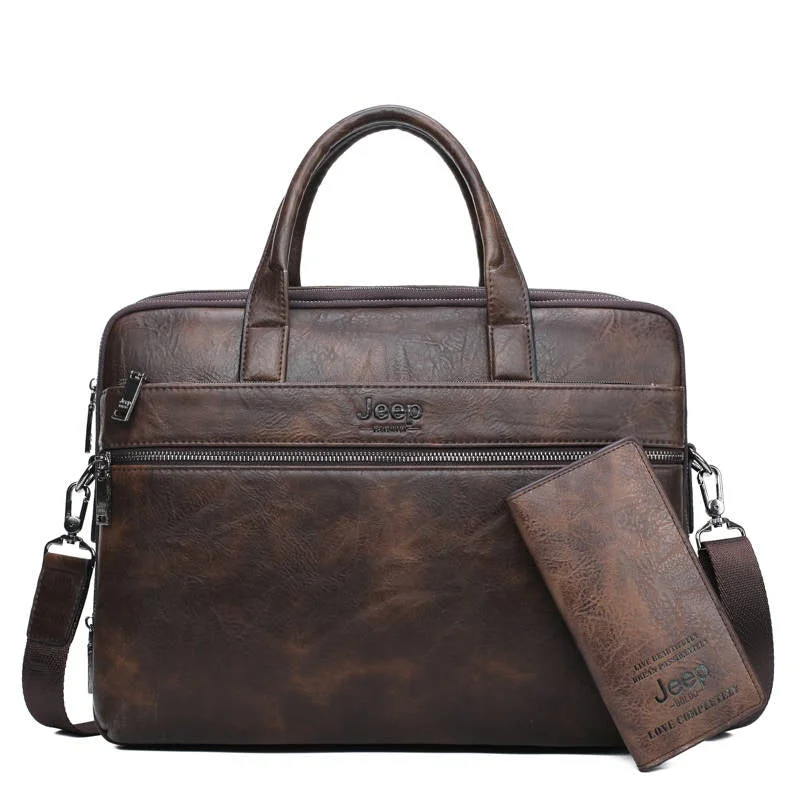 Men's Briefcase Bags For 14" Laptop Man Business Bag 2Pcs Set Handbags High Quality Leather Office Shoulder Bags Tote