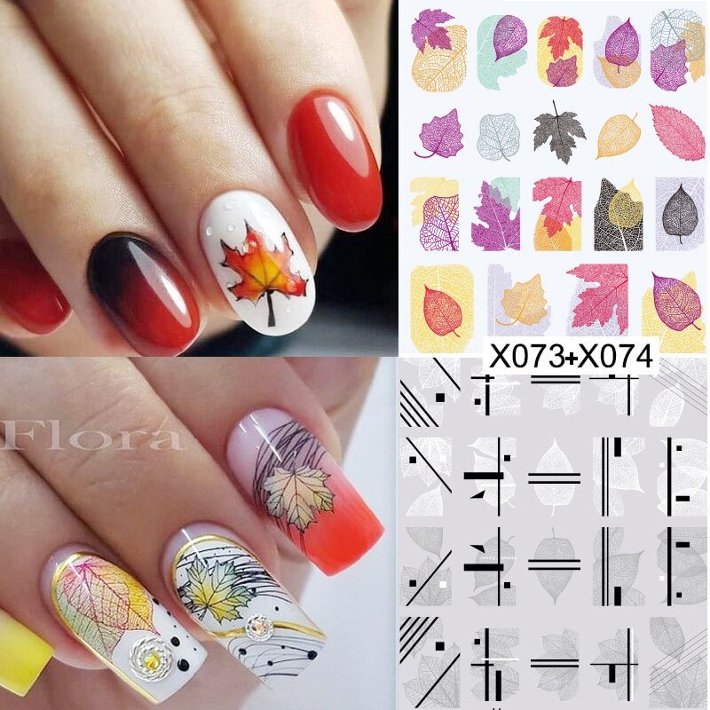 Harunouta 2Pcs 4Pcs Fall Leaves Water Decals Pink Gold Maple Leaf Geometrcs Line Stickers Sliders Nail Art Decoration Manicures