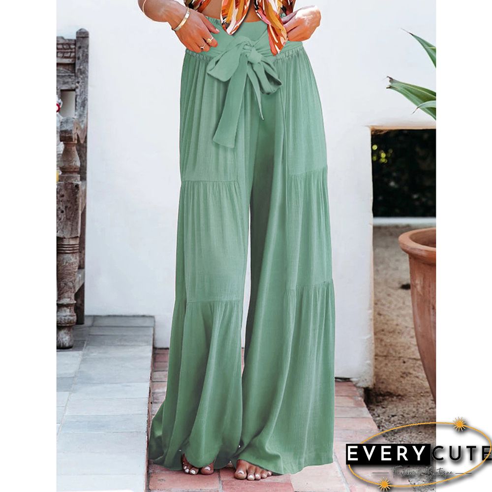 Green Smocked High Waist Palazzo Pants with Tie