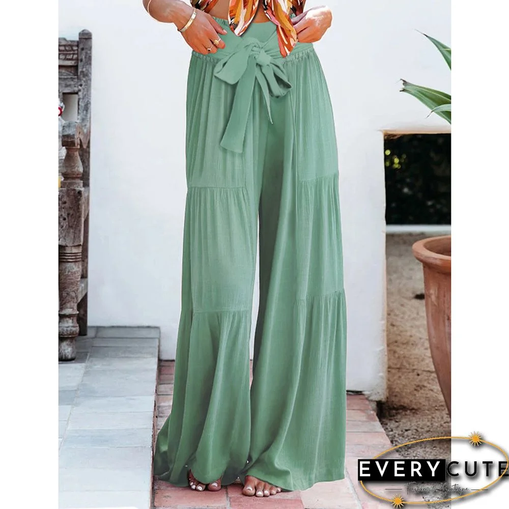Green Smocked High Waist Palazzo Pants with Tie