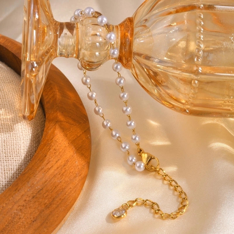 Vintage Style Minimalist Pearl 201 Stainless Steel Beaded Chain Bracelets In Bulk Stainless Steel Bracelets