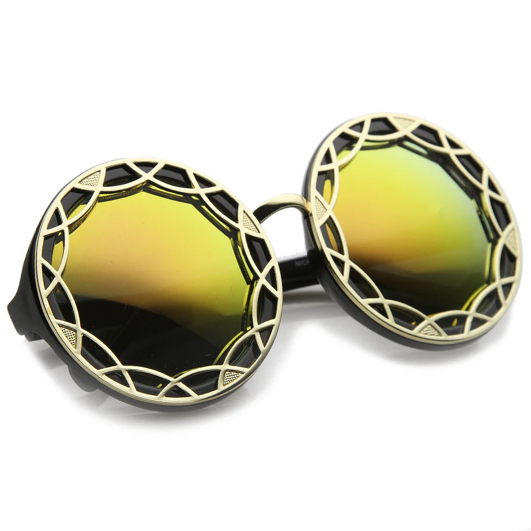 Women's Oversize Ornate Flat Pattern Color Mirror Lens Round glasses 55mm