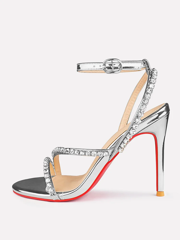 100mm Women's Open Toe Stiletto Red Bottom High Heels Ankle Strap Patent  Party  Banquet Elegance Shoes Rhinestone Spotlight Wavy Straps Sandals