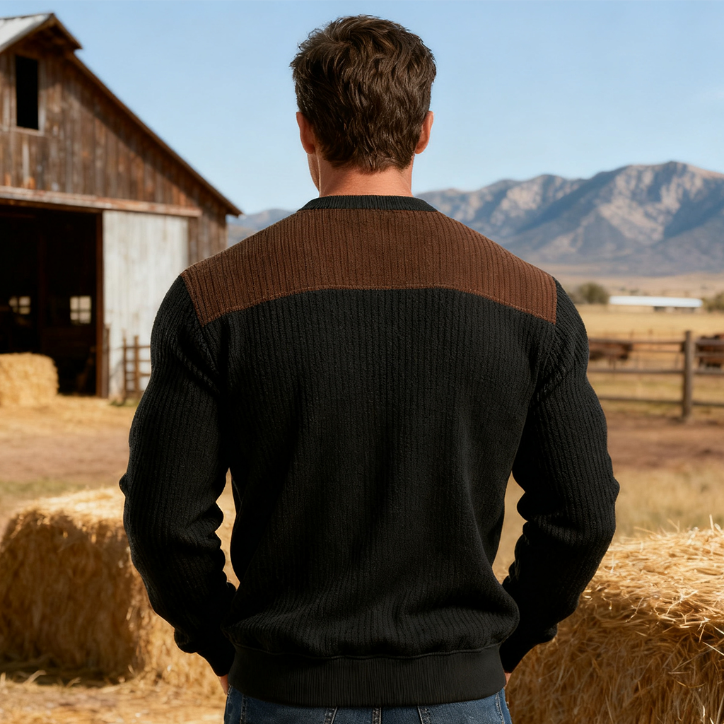 Men's Black And Brown Ribbed Crew Neck Sweatshirt