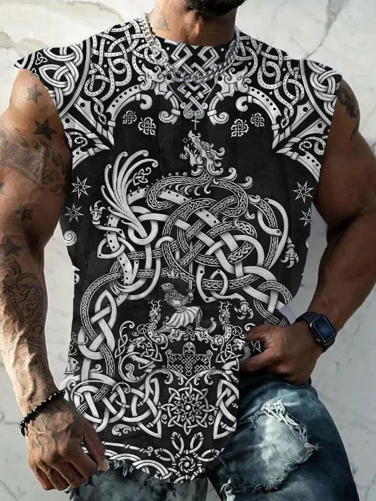 Broswear Men's Norse Mythology Art Graphic Round Neck Tank Top