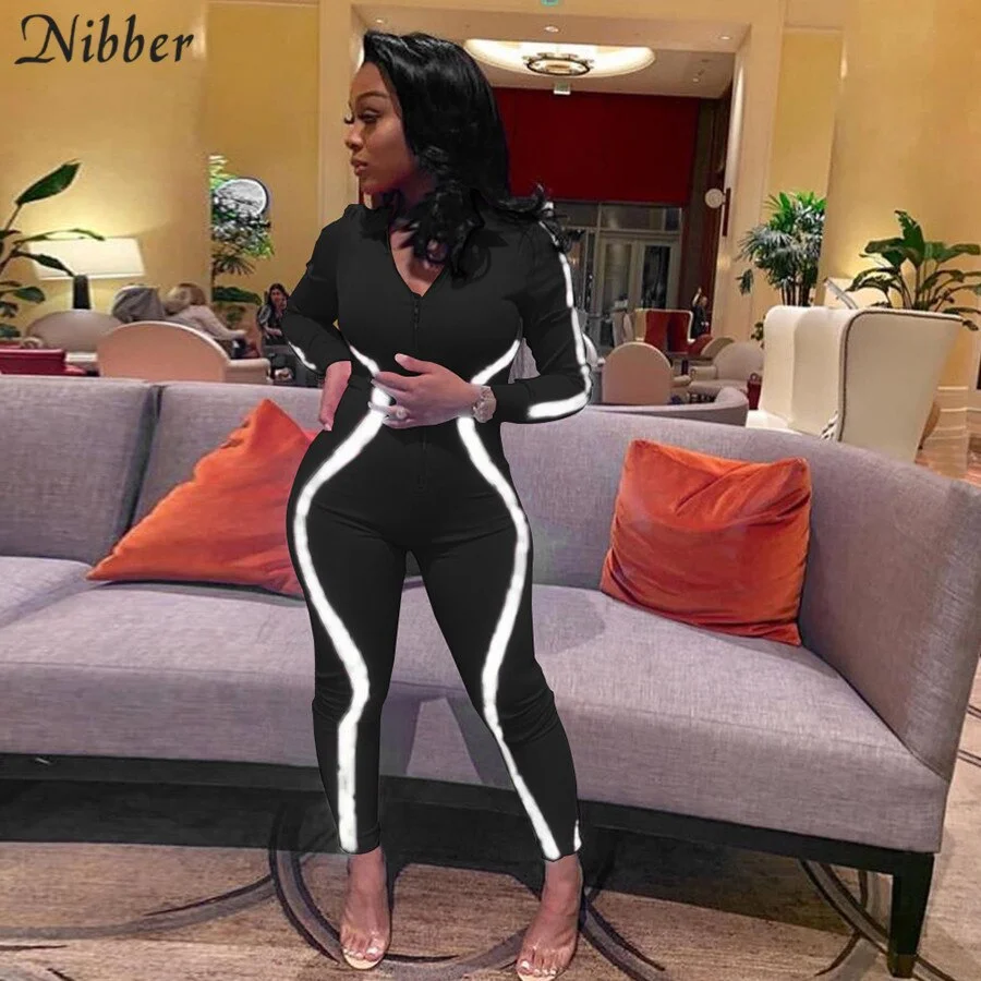 Nibber Casual Sports Reflective Stripe Stitching Zipper Fitness Jumpsuit Long Sleeve Workout Skinny Slim Soft Siamese Trousers