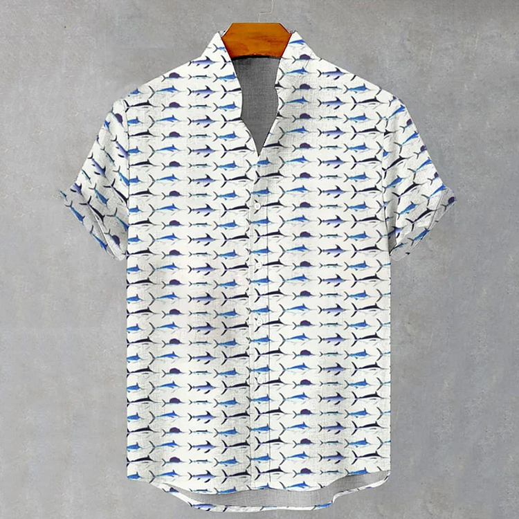 Men's Retro Fish Print Casual Short Sleeve Shirt