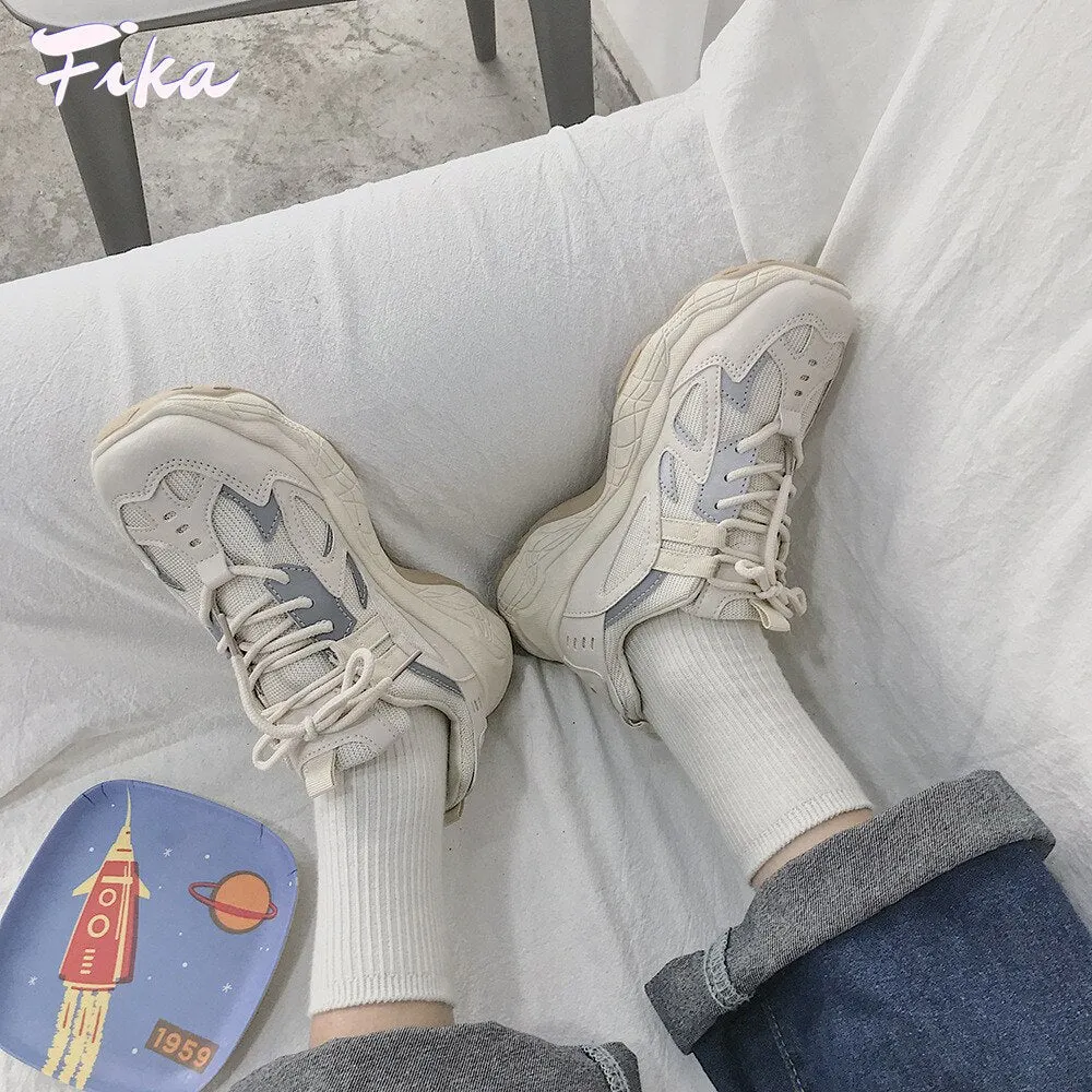 Women Sneakers Platform Shoes Fashion Mesh Chunky Sneakers 2021 Casual Shoes Reflective Comfortable Thick Sole White Dad Flats