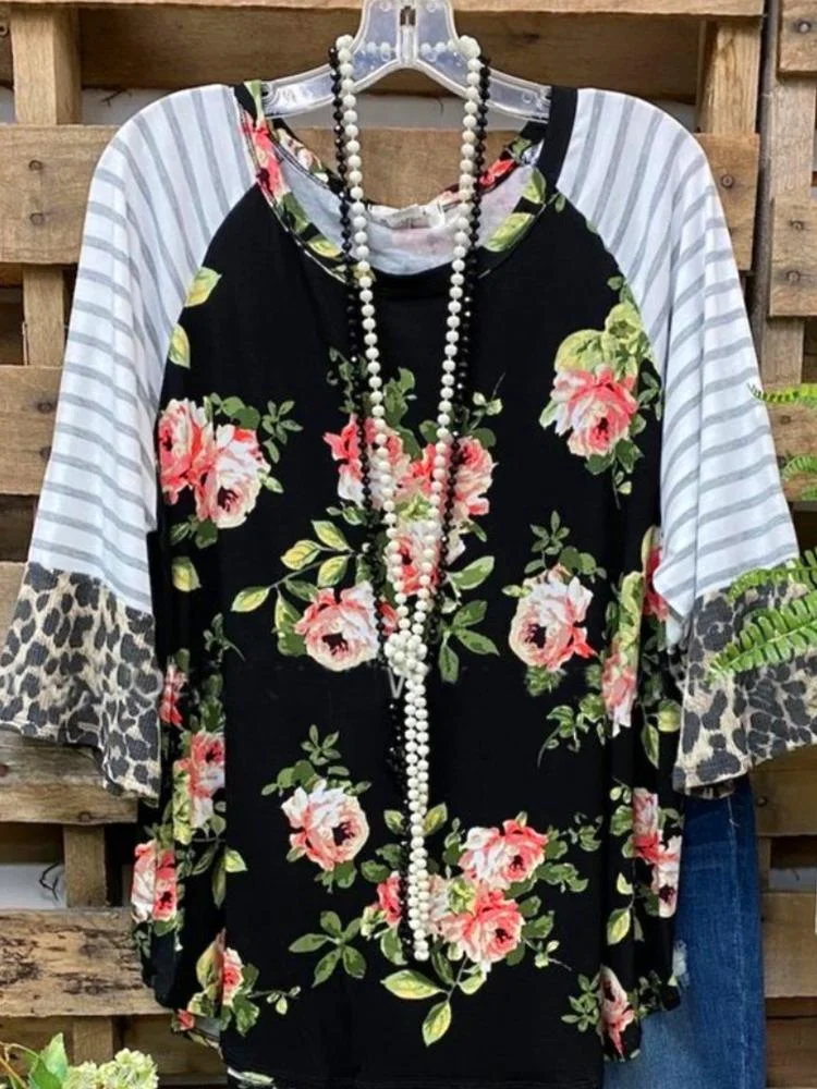 Women's Summer Round Neck Pullover Flower Print Flared Sleeve Top T-Shirt