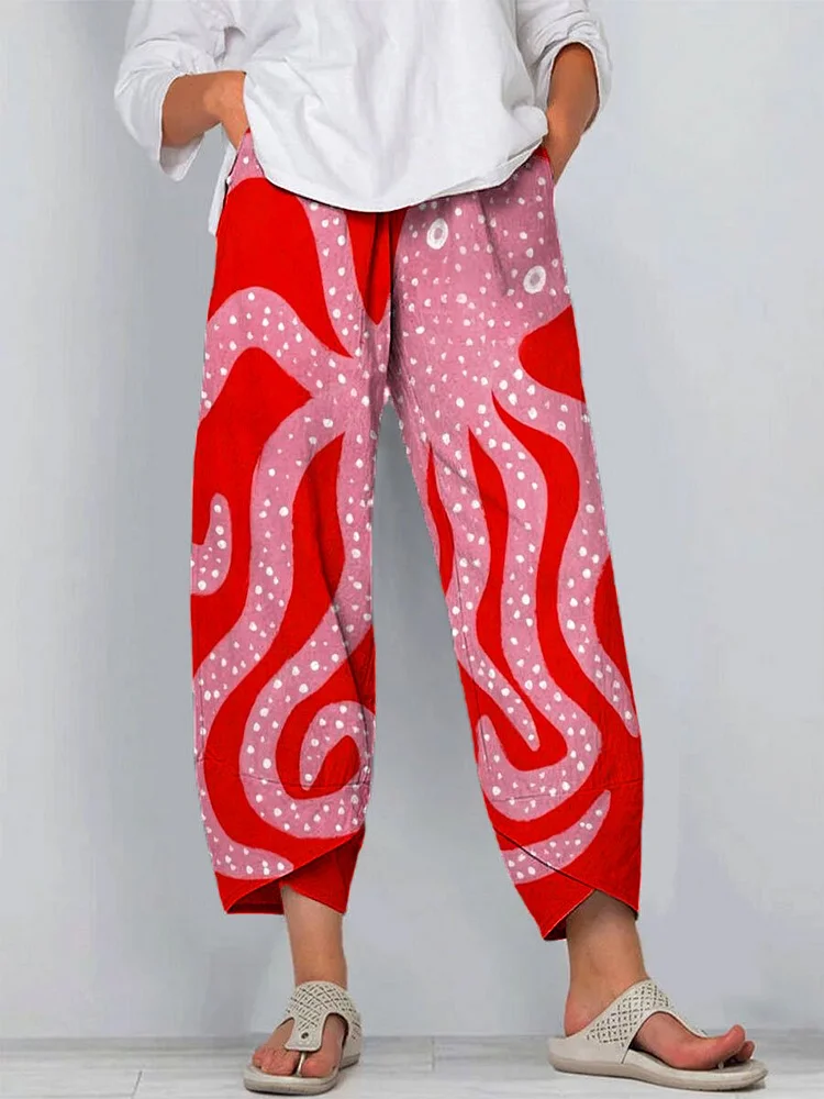 Women's Vintage Octopus Art Print Cotton And Linen Casual Pants