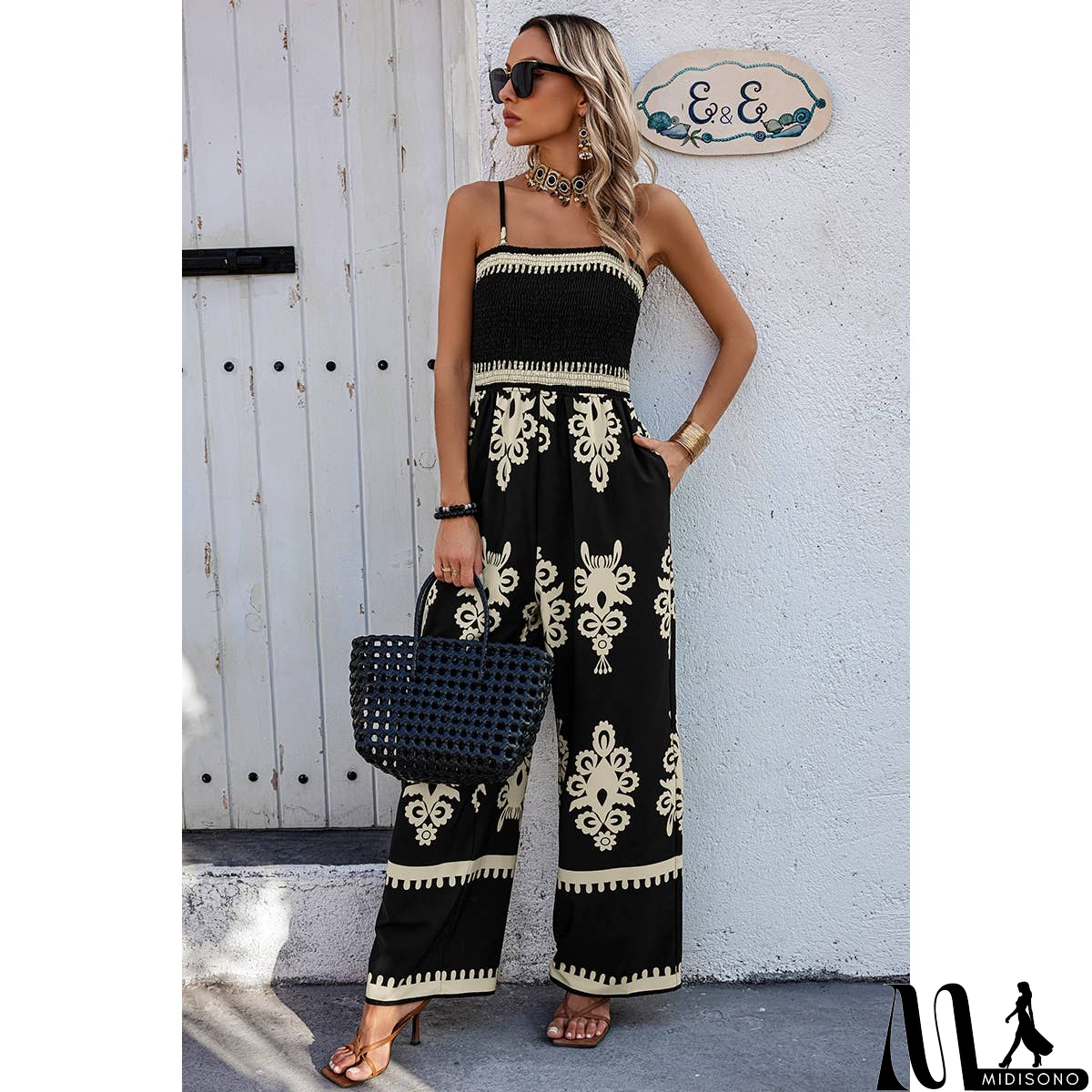 MidiSono - Off Shoulder Ruched Printed High Waist Jumpsuit