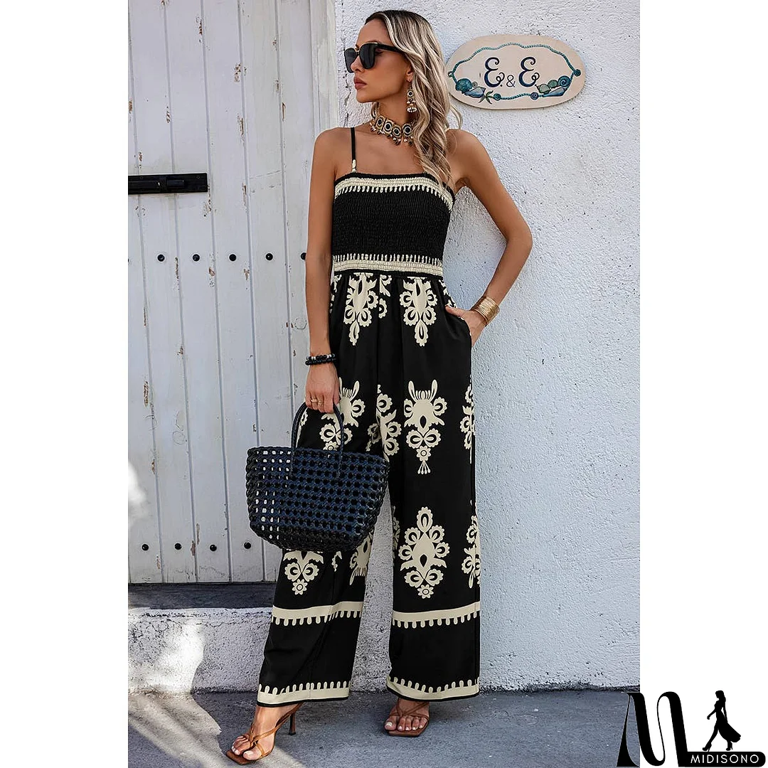 MidiSono - Off Shoulder Ruched Printed High Waist Jumpsuit