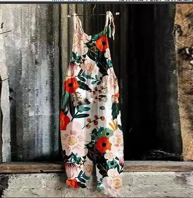 Brownm Summer Slub Linen Vintage Print Wide Dresses