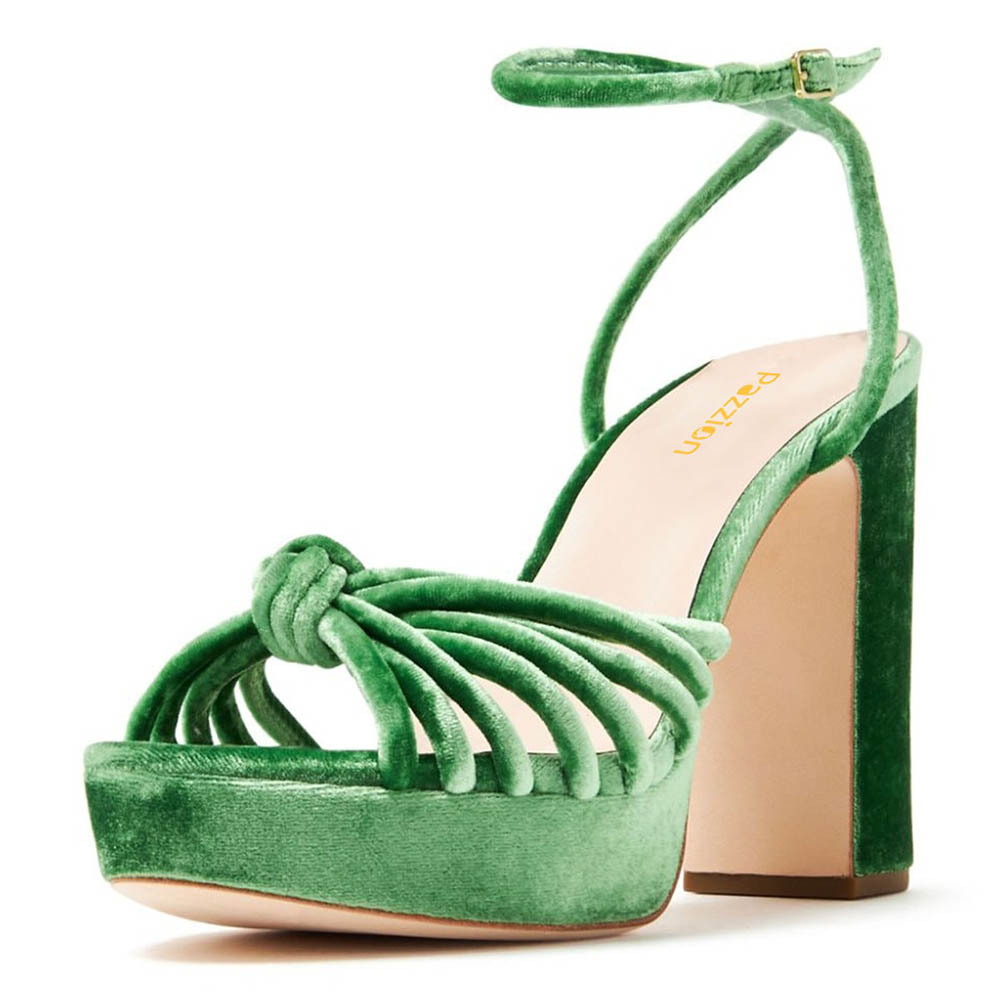 Green Velvet Knot Ankle Strap Platform Heel Sandals with Buckle Nicepairs