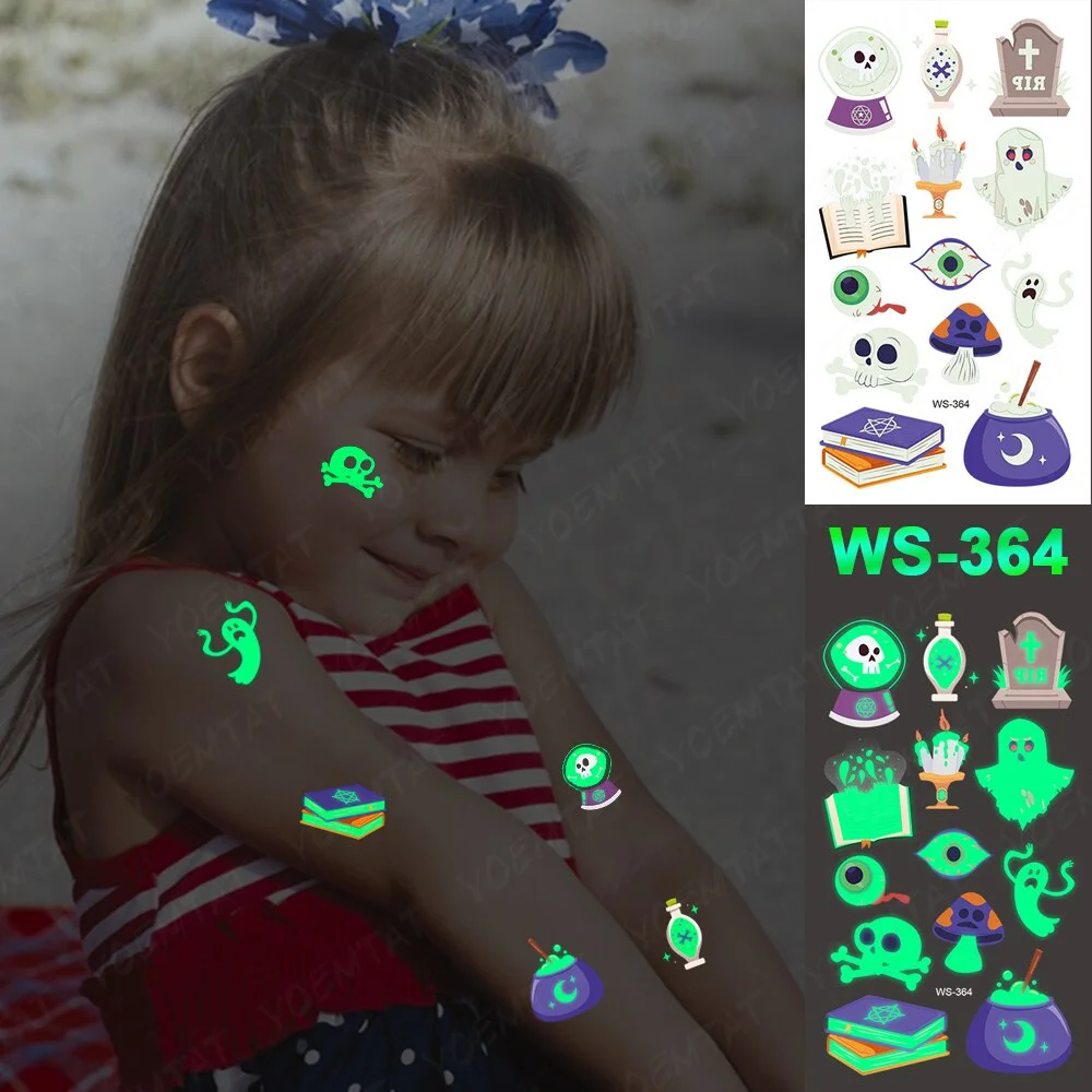Halloween Party Cartoon Magic book witch Luminous night Tattoo Stickers Elf Ghost Temporary Waterproof Glitter Body Art For Kid